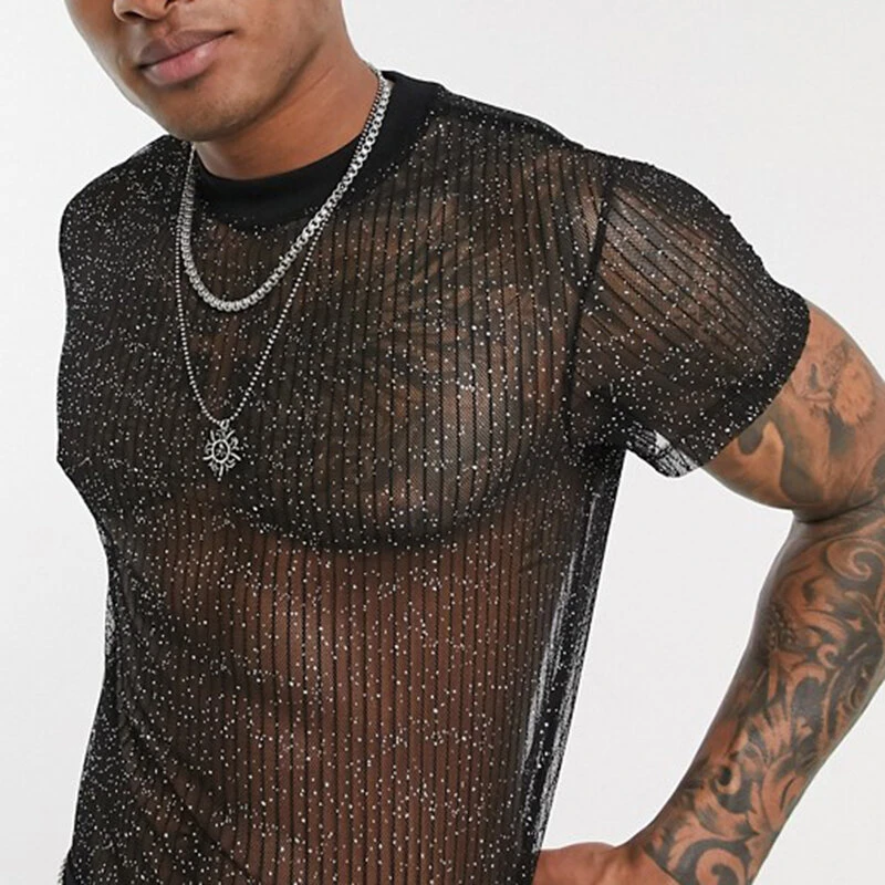 (image for) Men Mesh See-Through T-Shirt Training Fitness Sport Casual Short Sleeve Slim Fit Thin Tee Tops